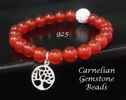 Bracelet with Carnelian Beads and Sterling Silver Tree Charm