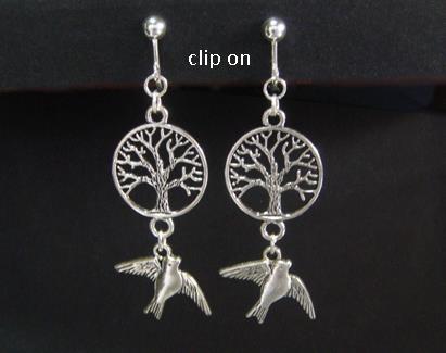 Tree of Life Clip On Earrings, Celtic Tree, Bird in Flight Below
