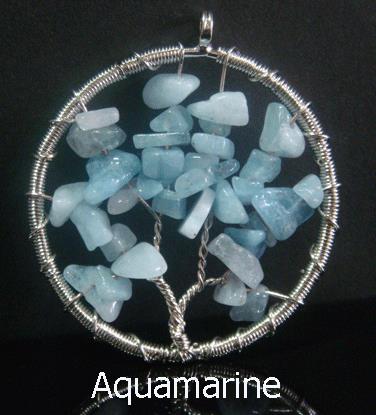Tree of Life Necklace, Aquamarine Gemstones, 50mm Pendant