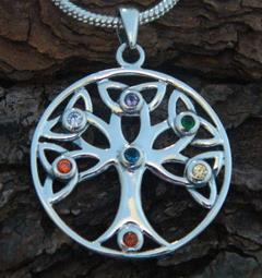 Necklace, Sterling Silver Tree of Life with 7 Swarovski Crystals