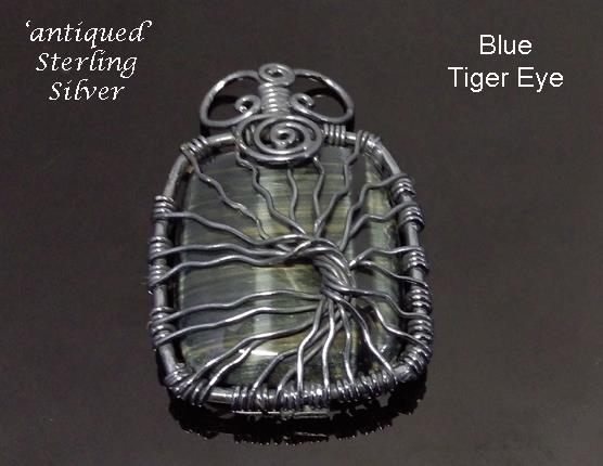 Tree of Life Necklace Pendant with a Large 'Blue' Tiger Eye Gem