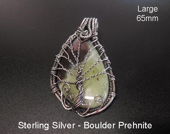 Large 65mm Tree of Life Pendant, Prehnite Gem, Sterling Silver