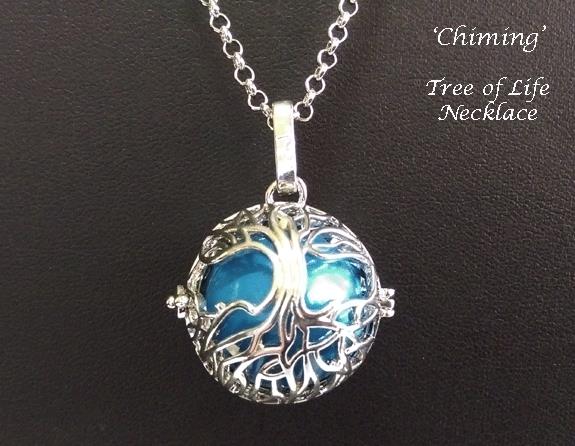 Chiming Tree of Life Necklace, Subtle Chime As You Move, Blue