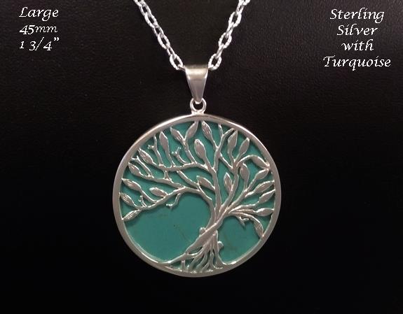 Large Sterling Silver Tree of Life Necklace, Turquoise Inlay